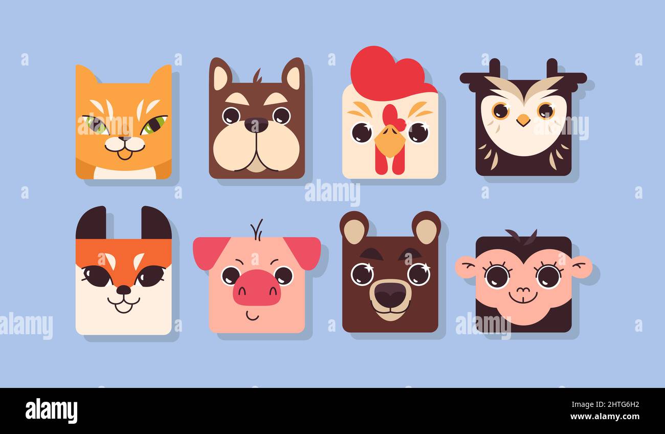 Plat mignon carrés colorés visages animaux. Cochon drôle, vache, chien, chat, renard, éléments de jeu de zoo de singe, ours et poulet pour enfants. Icône d'avatar de l'application définie. Collection d'enfants en forme de tête d'animaux de compagnie, animaux sauvages et animaux de ferme Illustration de Vecteur