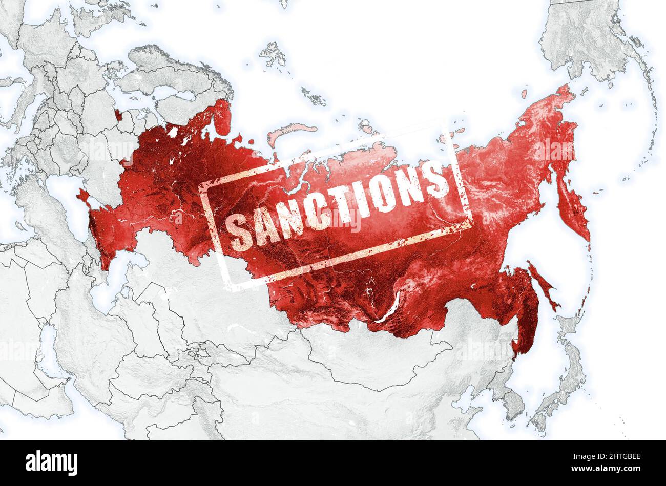 La Russie sur la carte du monde avec les frontières des pays. Timbre sanctions sur le territoire russe en Eurasie. Concept de guerre en Ukraine, crise, sanctions économiques, po Banque D'Images