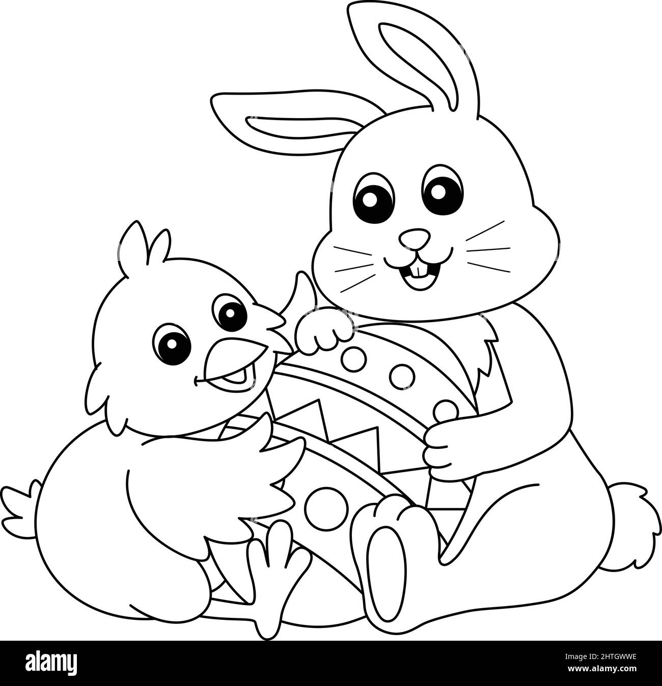 Lapin et poussin embrassant un œuf de Pâques isolé Illustration de Vecteur