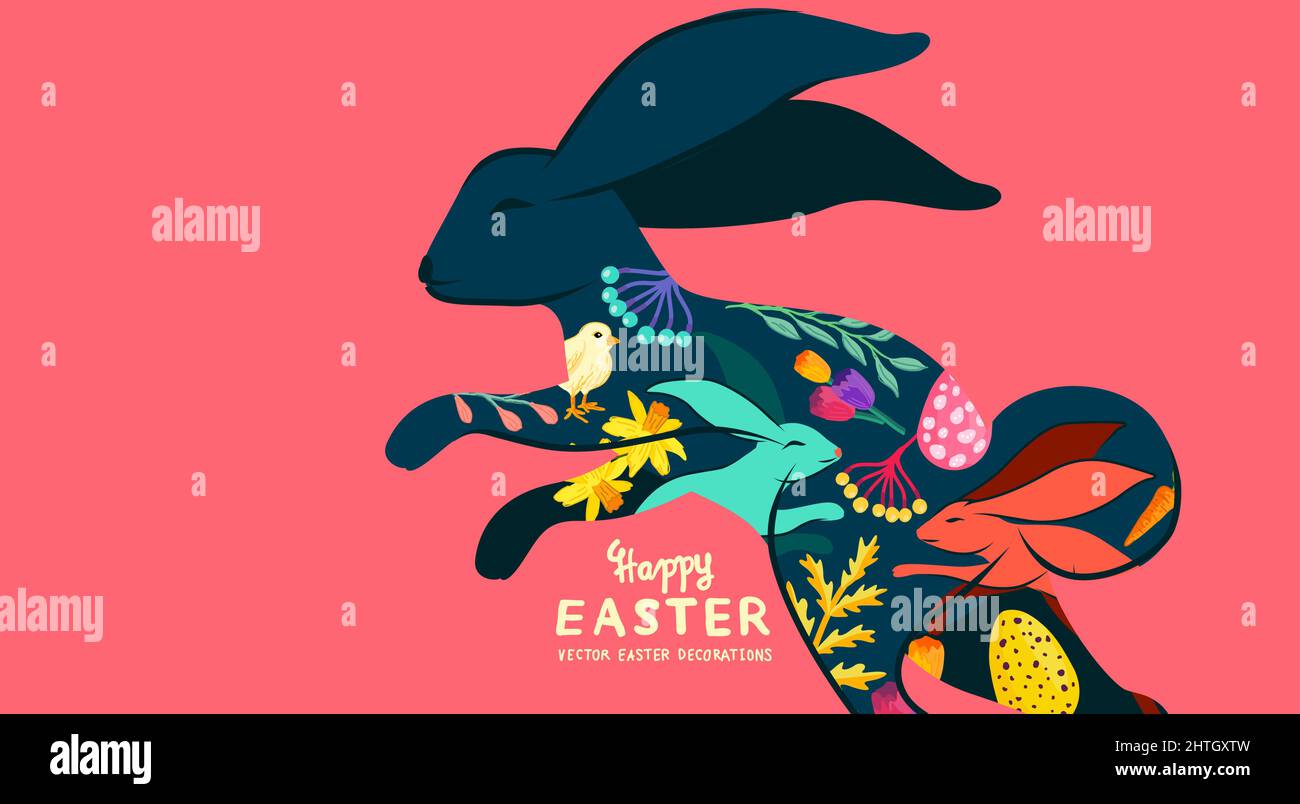 Motif lapin de pâques heureux décoré avec des éléments de printemps et de pâques. Illustration vectorielle. Illustration de Vecteur