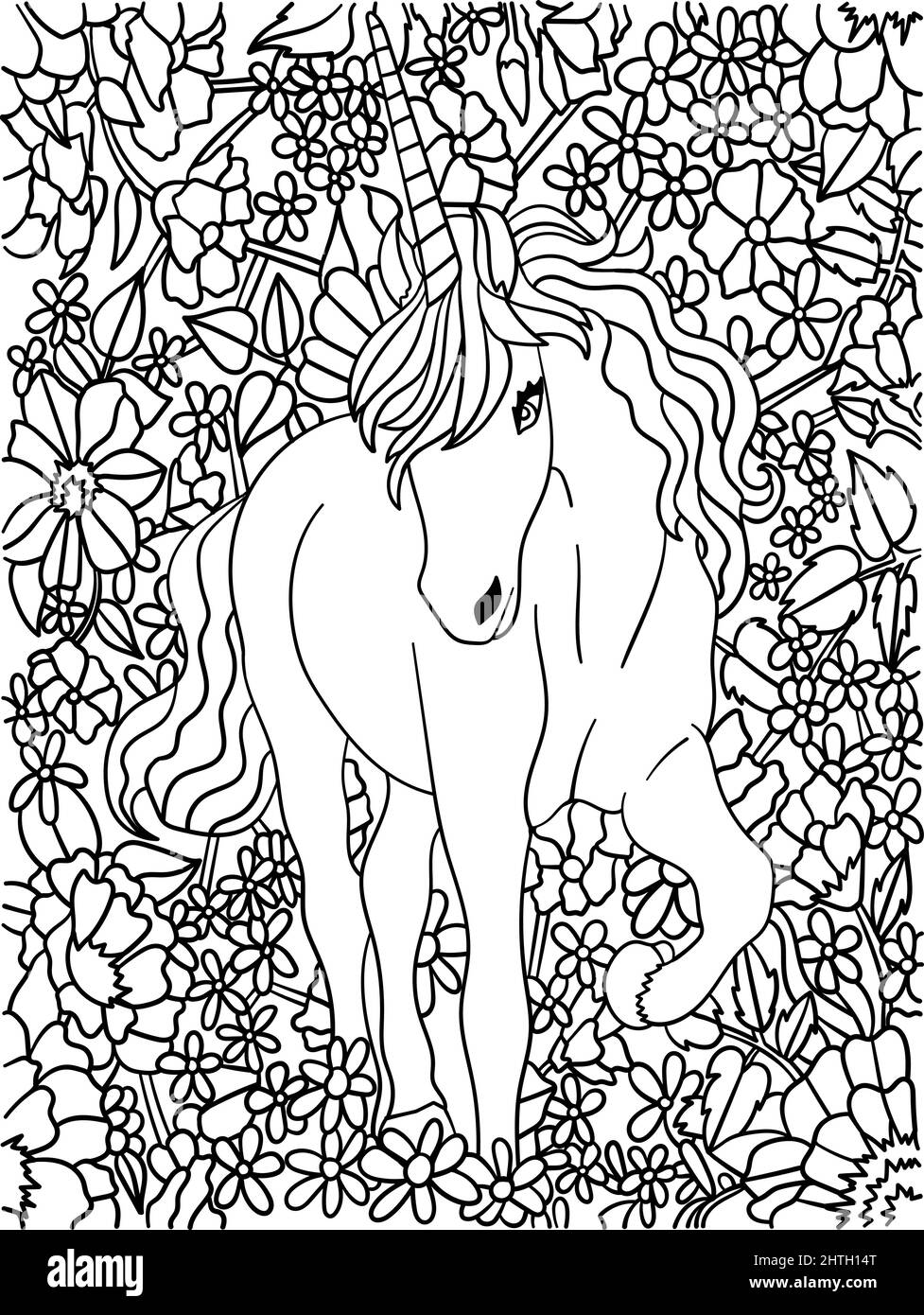 UNICORN Walking Flower coloriage page pour adultes Illustration de Vecteur
