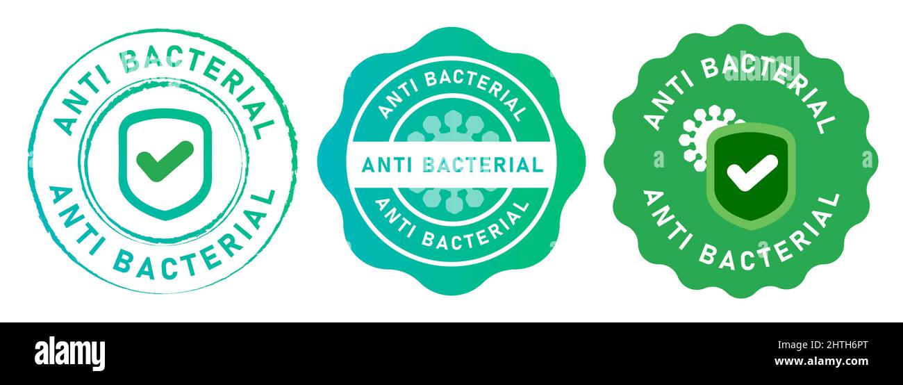 Anti bactérien microbe bactérie hygiène bactérie protection des bactéries symbole bouclier testé coche symbole emblème étiquette design en vert Illustration de Vecteur