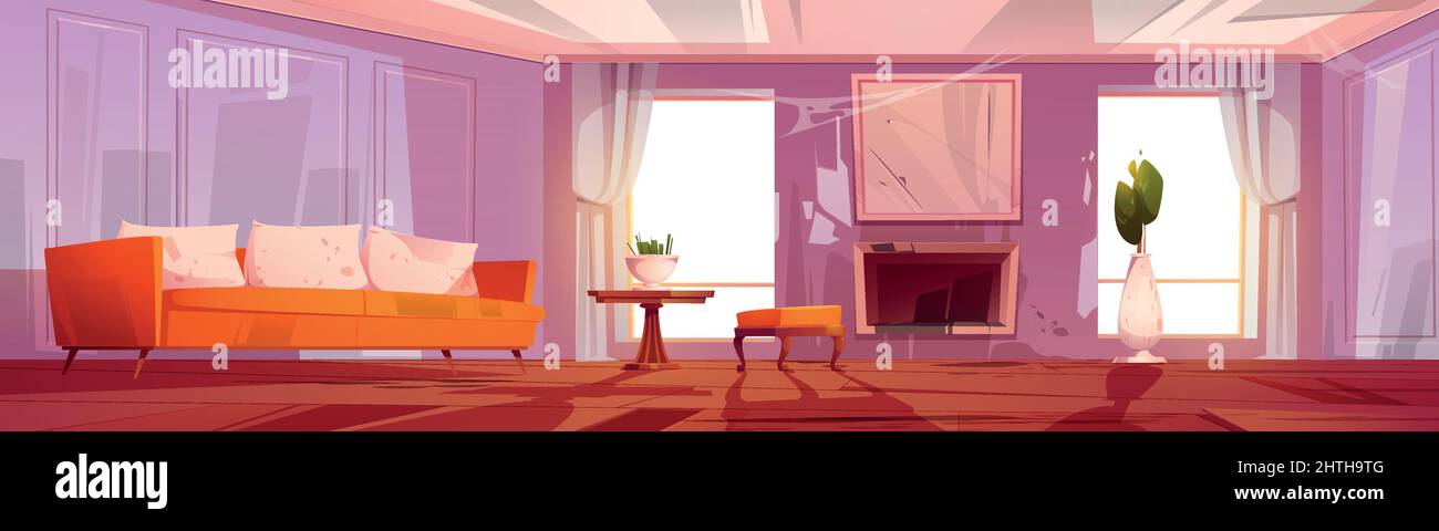 Vieux salon sale dans la maison abandonnée. Illustration de dessin animé vectoriel de l'intérieur vide de la maison avec désordre, meubles usés, plancher en bois cassé et cheminée ont besoin de réparation et de rénovation Illustration de Vecteur