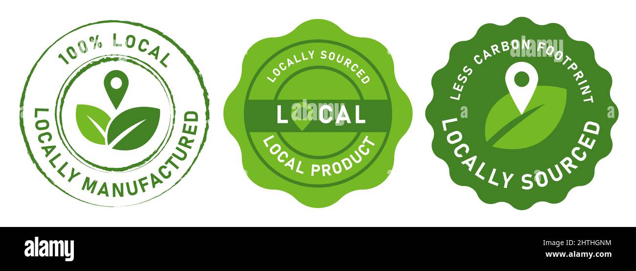 Produit local fabriqué localement icône cachet emblème conception de feuille et de pointeur à faible empreinte carbone conception en vert Illustration de Vecteur