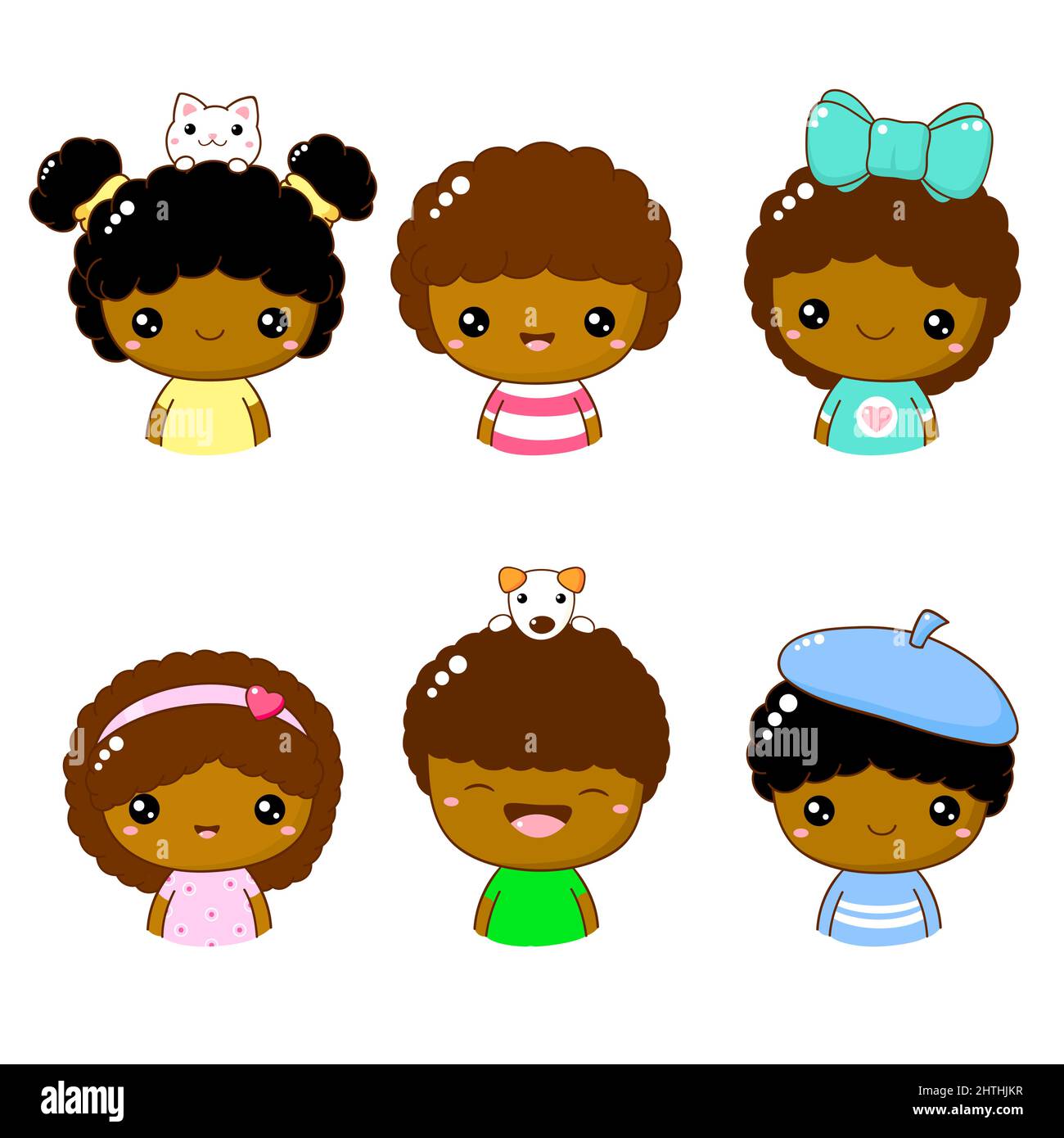 Collection de membre icône - mignon petite fille africaine et garçon. Ensemble de portrait utilisateur de kawaii. Personnages de dessin animé mignons. Collection bébé d'avatars avec enfant Illustration de Vecteur