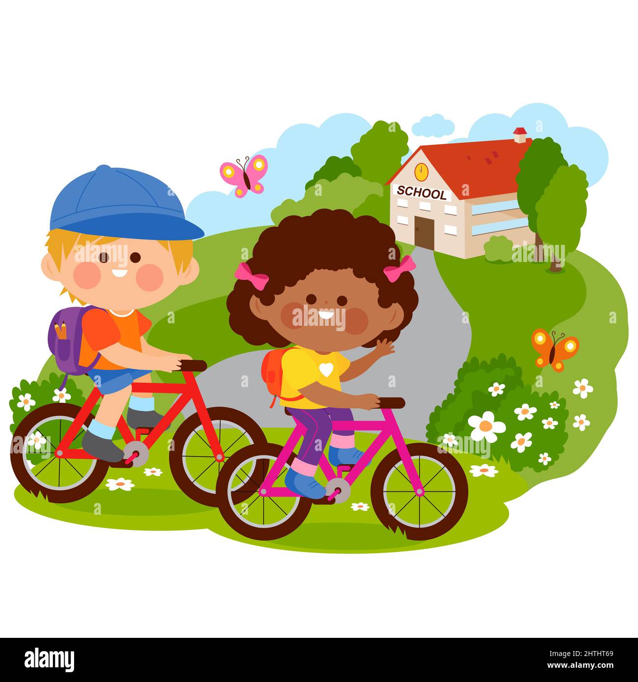 Les enfants qui vont à l'école à vélo. Banque D'Images