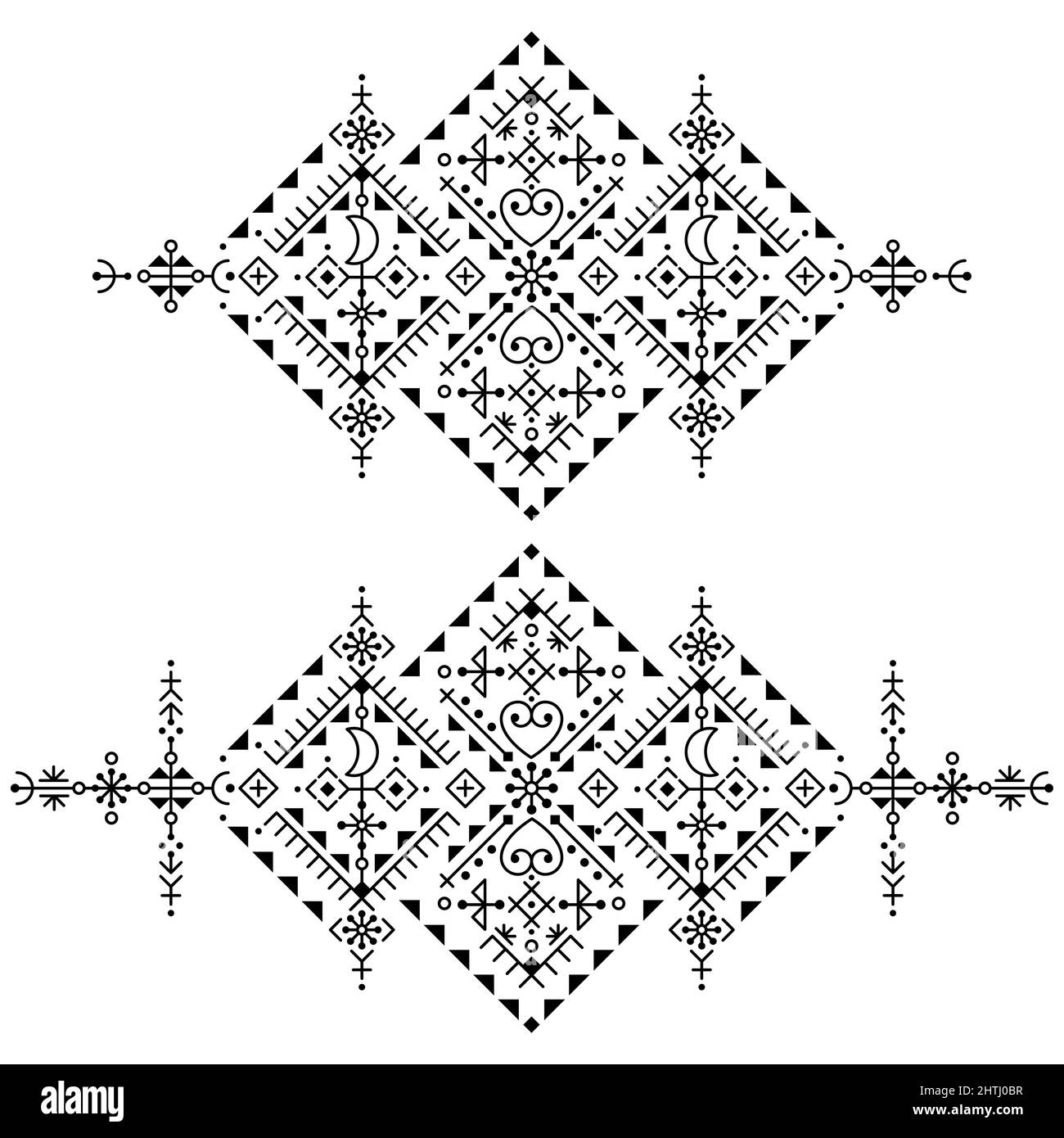 Iceland folk art style géométrique tribal art vectoriel ensemble, collection de motifs verticaux longs noir et blanc inspiré des runes Viking Illustration de Vecteur