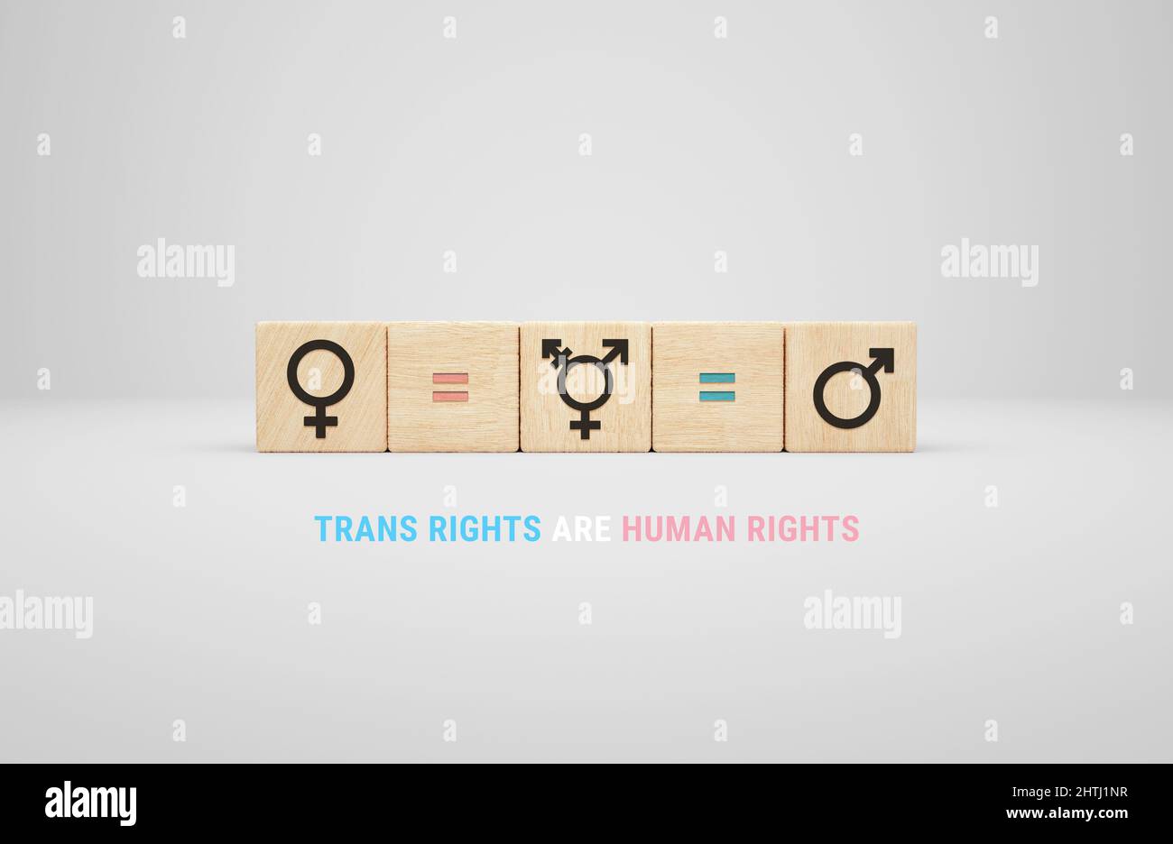 Concept de tolérance, d'amour et d'égalité pour la communauté transgenre avec des symboles de genre sur des cubes en bois dans l'illustration de 3D Banque D'Images