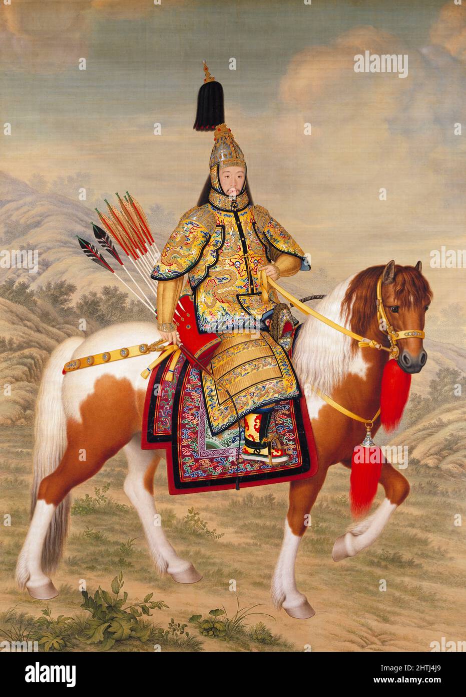 L'empereur Qianlong (1711-1799), cinquième empereur de la dynastie Qing dans l'armure de cérémonie à cheval, l'artiste Giuseppe Castiglione (1688-1766) Banque D'Images