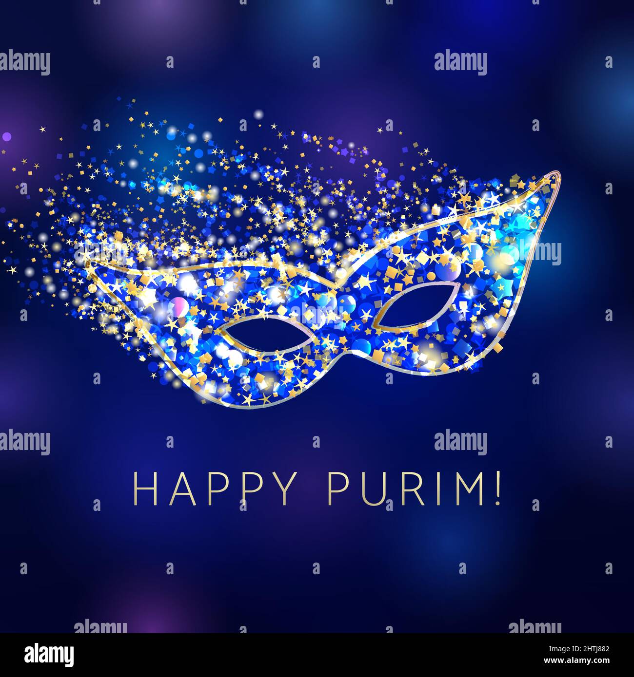 Masque Happy purim et confettis bleus. Modèle de conception graphique abstrait isolé. Happy Purim script juif, paillettes d'or et masque de carnaval brillant. Illustration de Vecteur