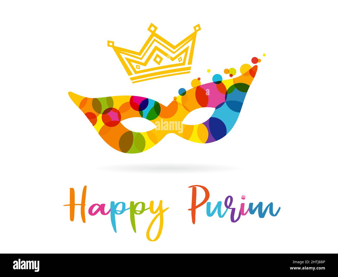 Masque Happy purim et confettis colorés. Modèle de conception graphique abstrait isolé. Happy Purim script juif, colord confetti, couronne de roi et c lumineux Illustration de Vecteur
