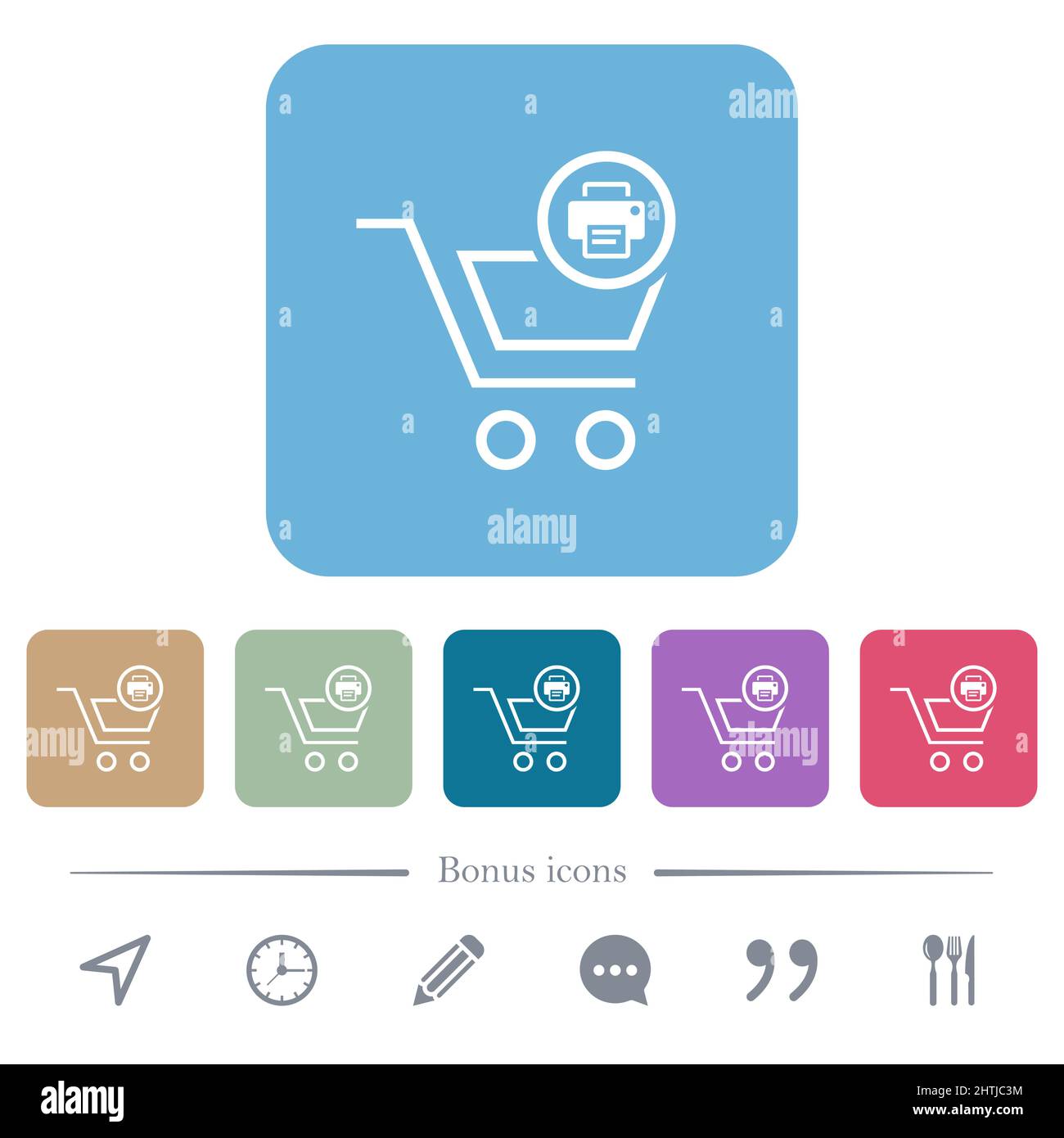 Les articles du chariot d'impression présentent des icônes plates blanches sur des arrière-plans carrés de couleur arrondie. 6 icônes bonus incluses Illustration de Vecteur