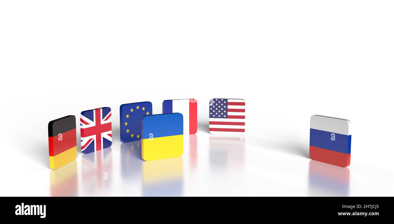 Pour trouver une solution à la guerre de conflit entre l'Ukraine et la Russie, l'Allemagne, la Grande-Bretagne, l'Union européenne, la France et le pays américain 3D ont donné des drapeaux ensemble pour obtenir leur soutien Banque D'Images