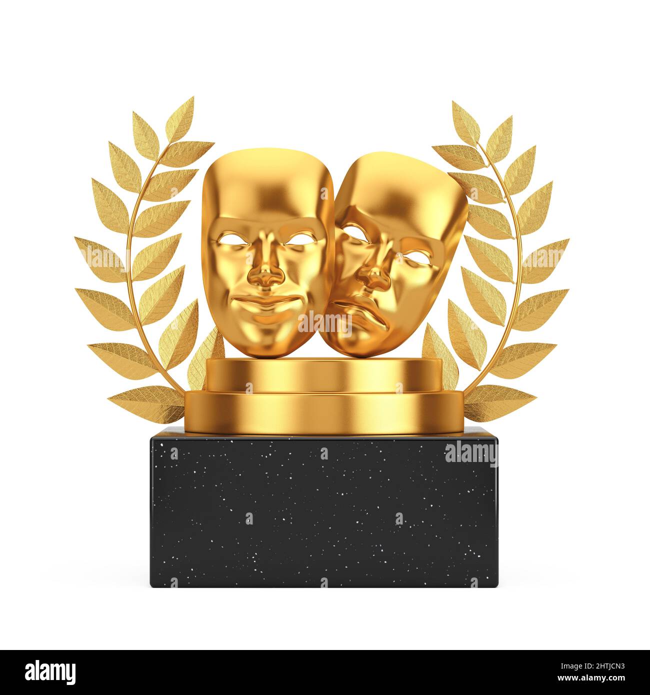 Lauréat du prix Cube Or Laurel Wreath Podium, scène ou piédestal avec Golden Smiling Comedy et Sad Drama grotesque masque de théâtre sur un fond blanc. Banque D'Images