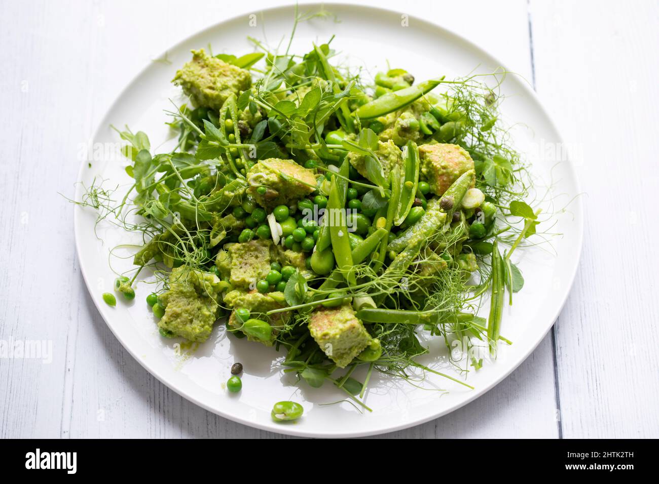 Pousses de pois et panzanella de fèves Banque D'Images