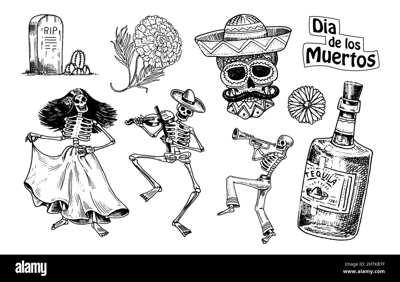 Jour des morts. Fête nationale mexicaine. Inscription originale en espagnol Dia de los Muertos. Squelettes en costumes danse, jouer le violon, la trompette Illustration de Vecteur