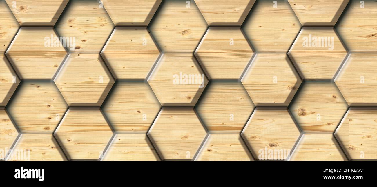 3D hexagone en bois. Matériau bois brun. Texture réaliste sans couture de haute qualité. Banque D'Images