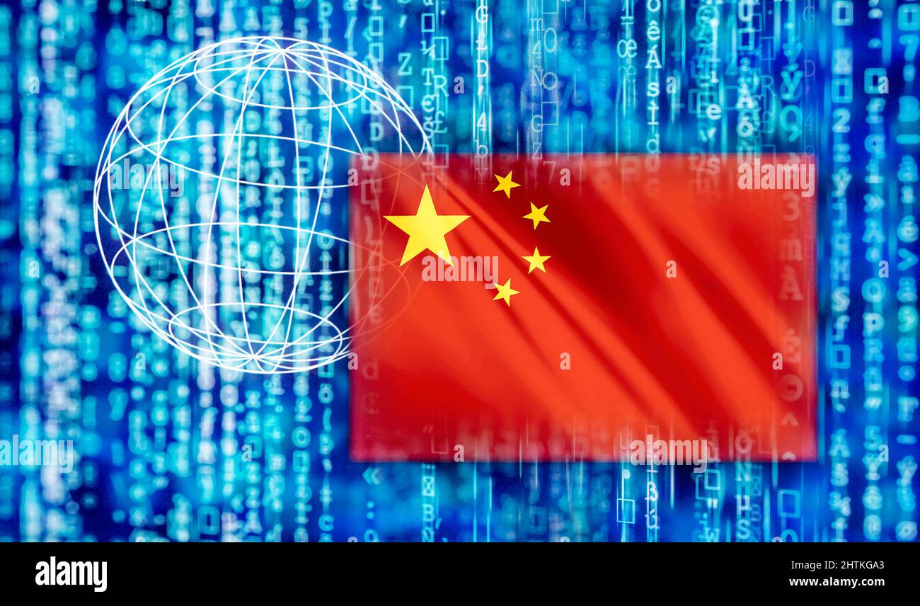 Puissance numérique chinoise avec drapeau chinois, matrice et globe Banque D'Images