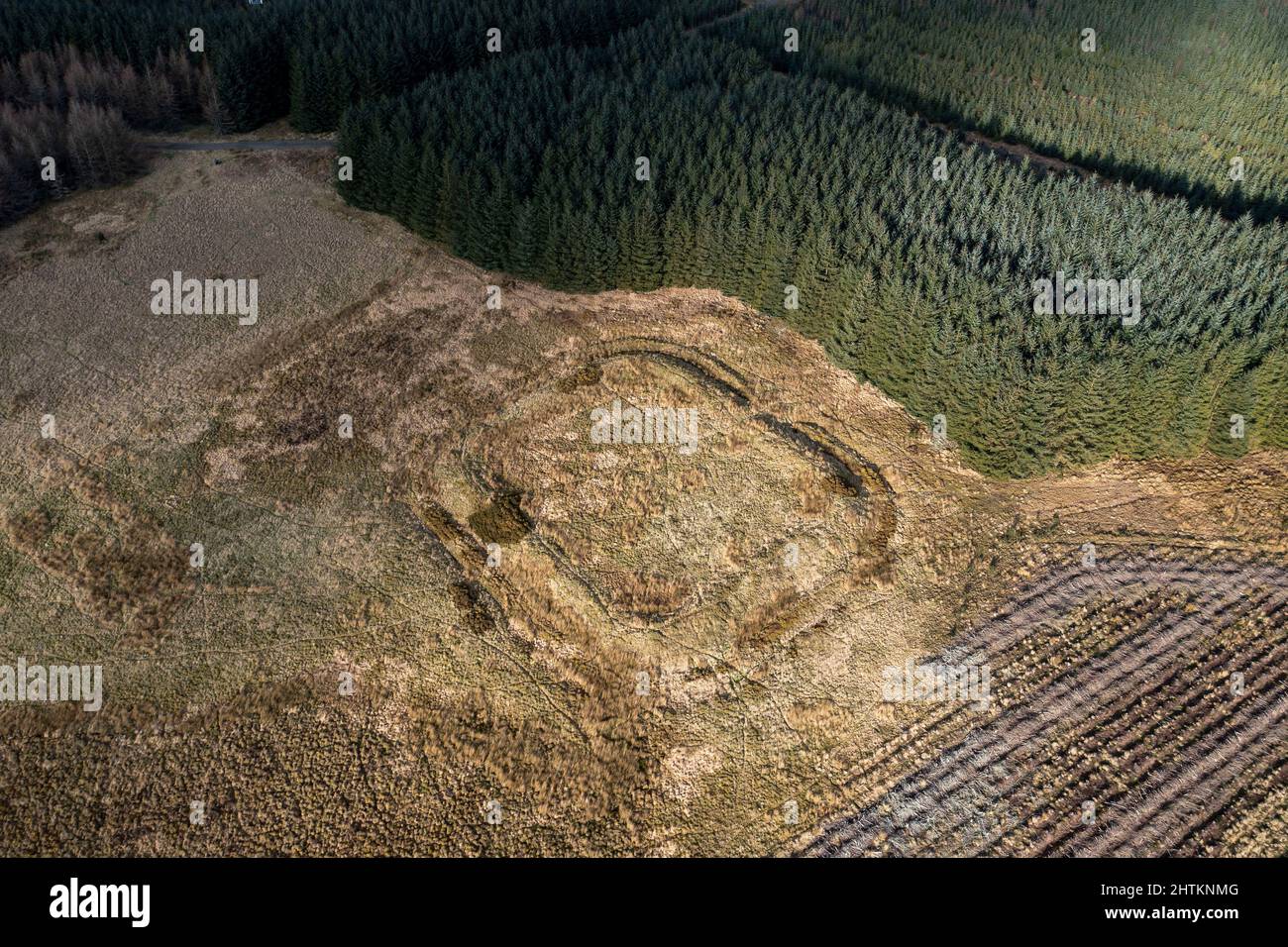 Vue aérienne du château Greg, Fortlet romain, situé sur Camilty Hill, près de West Calder, West Lothian, Écosse. Banque D'Images