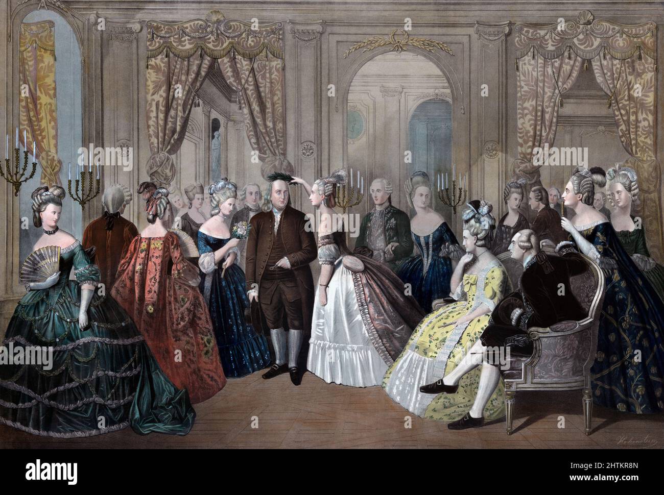 Réception de Franklin à la Cour de France, 1778. Benjamin Franklin, 1706 - 1790. Père fondateur américain, auteur, homme politique, imprimeur, scientifique, philosophe, éditeur, inventeur, militant civique et diplomate. Il a été nommé premier ambassadeur des États-Unis en France en 1776. Sur la photo, le roi Louis XVI et sa femme Marie-Antoinette sont assis à droite. Après une œuvre d'Anton Hohenstein. Banque D'Images