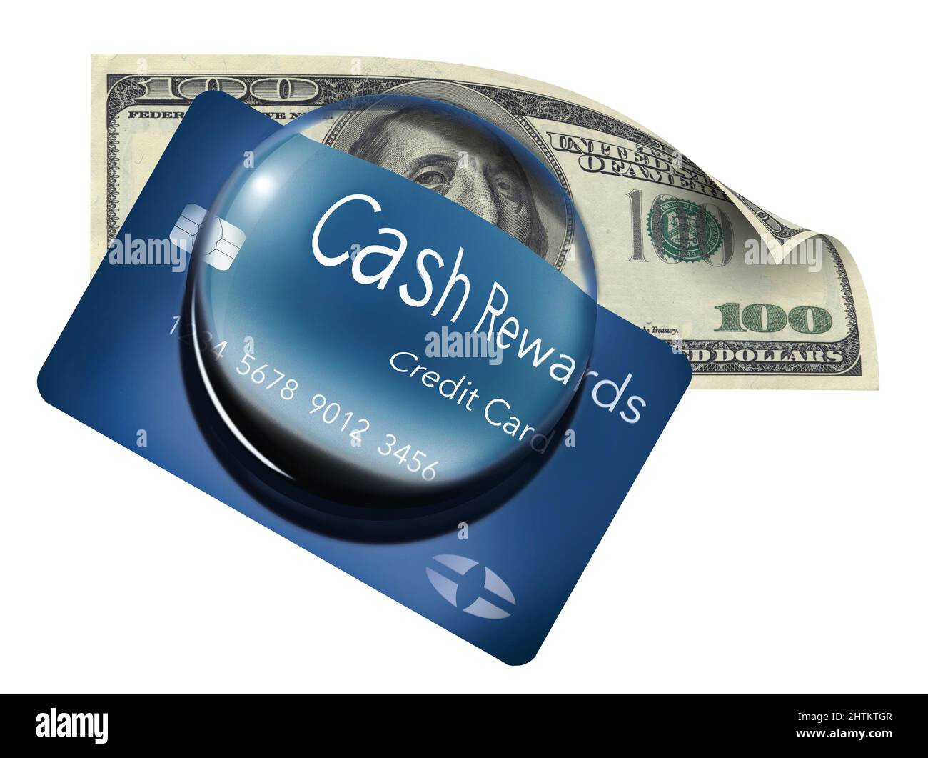 Une carte de crédit Cash Rewards est vue par un dôme en loupe avec une  facture de cent dollars dans une illustration de 3-d Photo Stock - Alamy