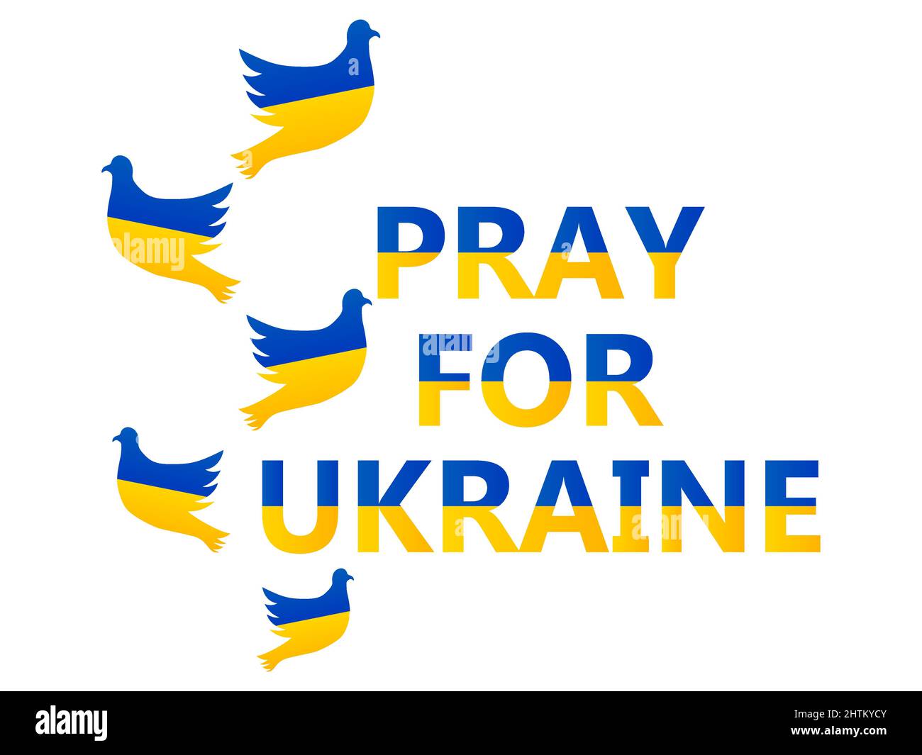 Priez pour l'Ukraine. Arrêter la guerre. Pigeons et texte avec drapeau ukrainien isolé sur fond blanc. Colombes de la paix. Design pour affiches et bannières contre Illustration de Vecteur