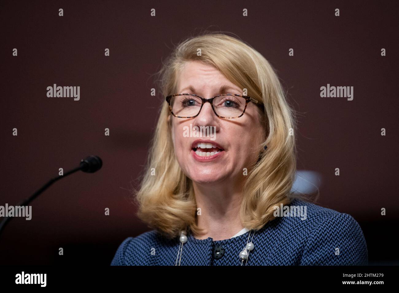 Heather Conley, présidente du Fonds Marshall allemand des États-Unis, comparaît devant une audience du Comité sénatorial des services armés pour examiner les défis et la stratégie de sécurité mondiale, dans l'édifice Dirksen du Bureau du Sénat à Washington, DC, le mardi 1 mars 2022. Crédit : Rod Lamkey/CNP Banque D'Images