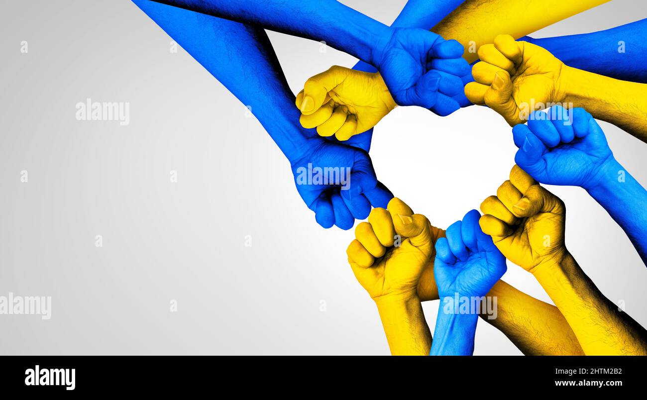 L'Ukraine et l'unité ukrainienne le partenariat européen comme les mains du cœur dans un groupe de personnes connectées ensemble, formé comme un symbole de soutien exprimant. Banque D'Images