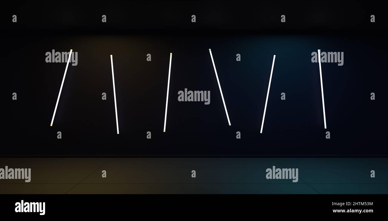 Un mur sombre avec des lumières fluorescentes espacées de manière inégale. Lumière diffuse jaune-bleu, espace de copie. 3d illustration d'arrière-plan Banque D'Images
