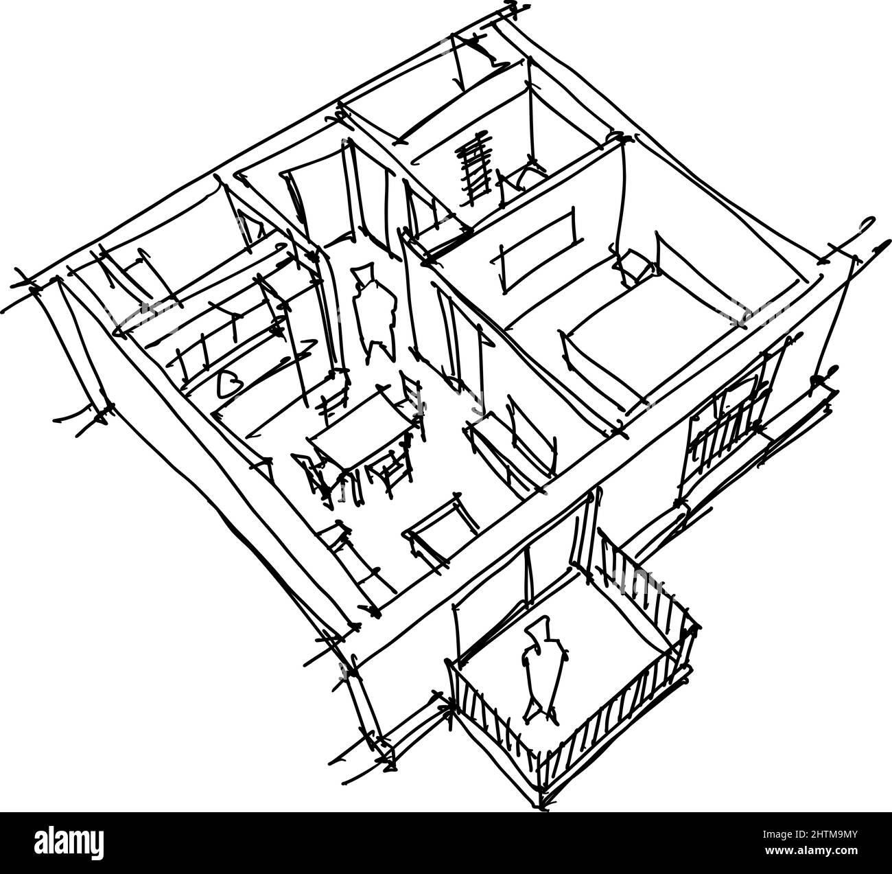 Croquis dessinés à la main, de Perspective découper diagramme d'un appartement d'une chambre entièrement meublé Banque D'Images