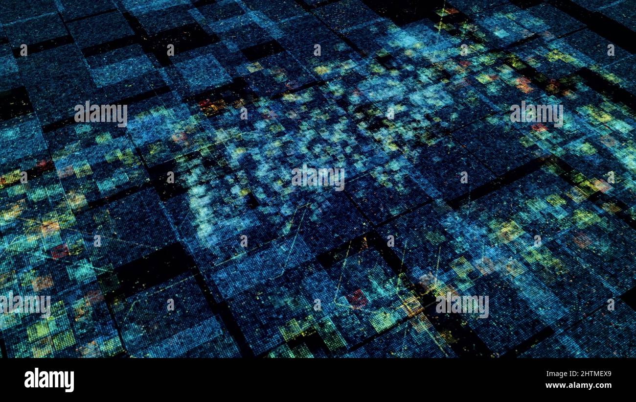 Expérience technologique avec une carte de circuit imprimé et un mot design.Animation.Impulsions électriques se propageant du texte au milieu d'un écran Banque D'Images