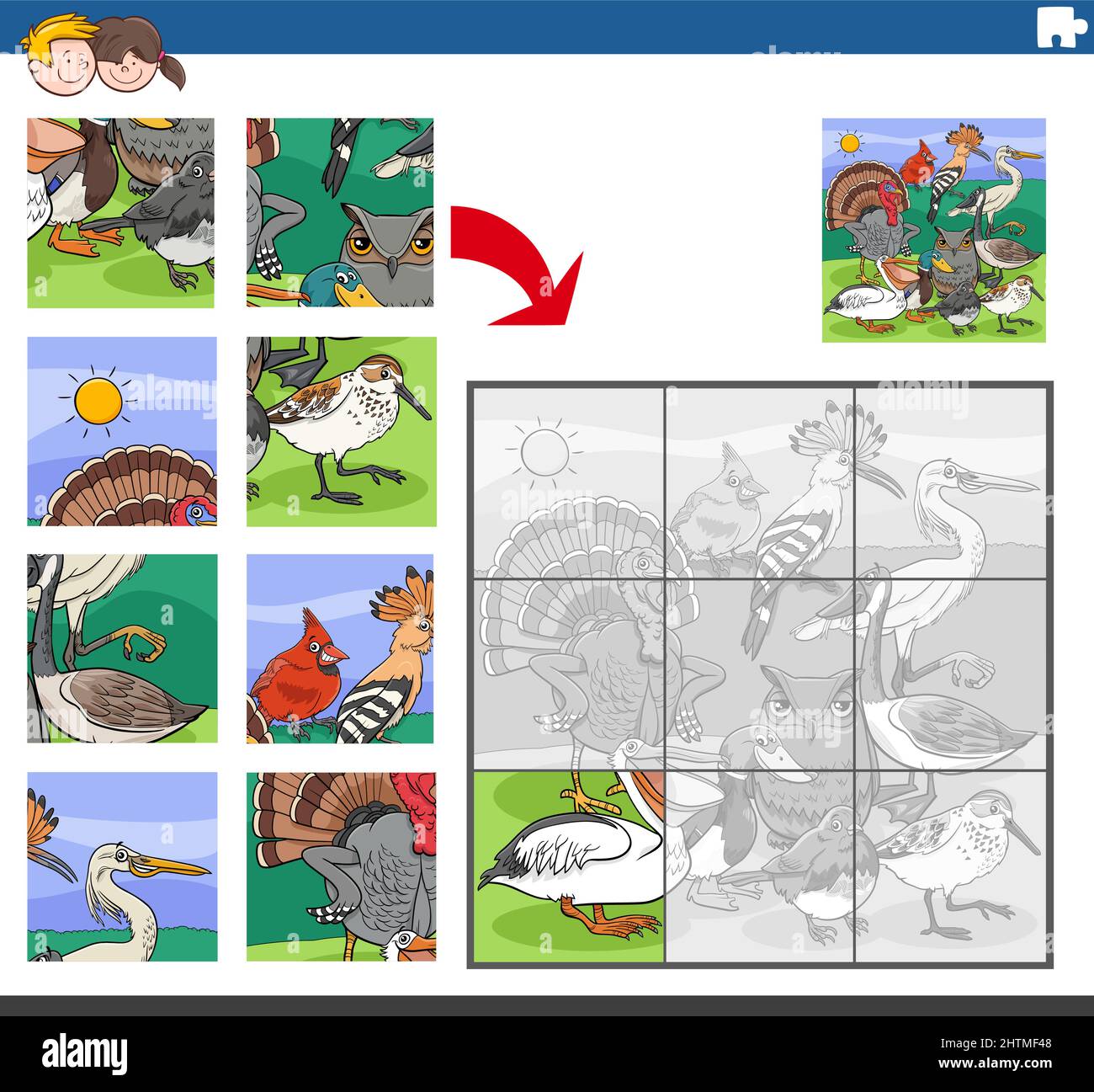 Illustration de dessin animé d'un jeu de puzzle éducatif pour les enfants avec des personnages animaux d'oiseaux Illustration de Vecteur