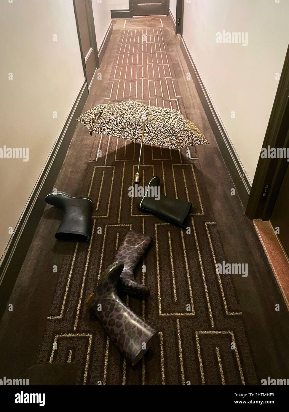 Couloir résidentiel vide avec raingear à l'extérieur des portes d'appartement, NYC, Etats-Unis Banque D'Images
