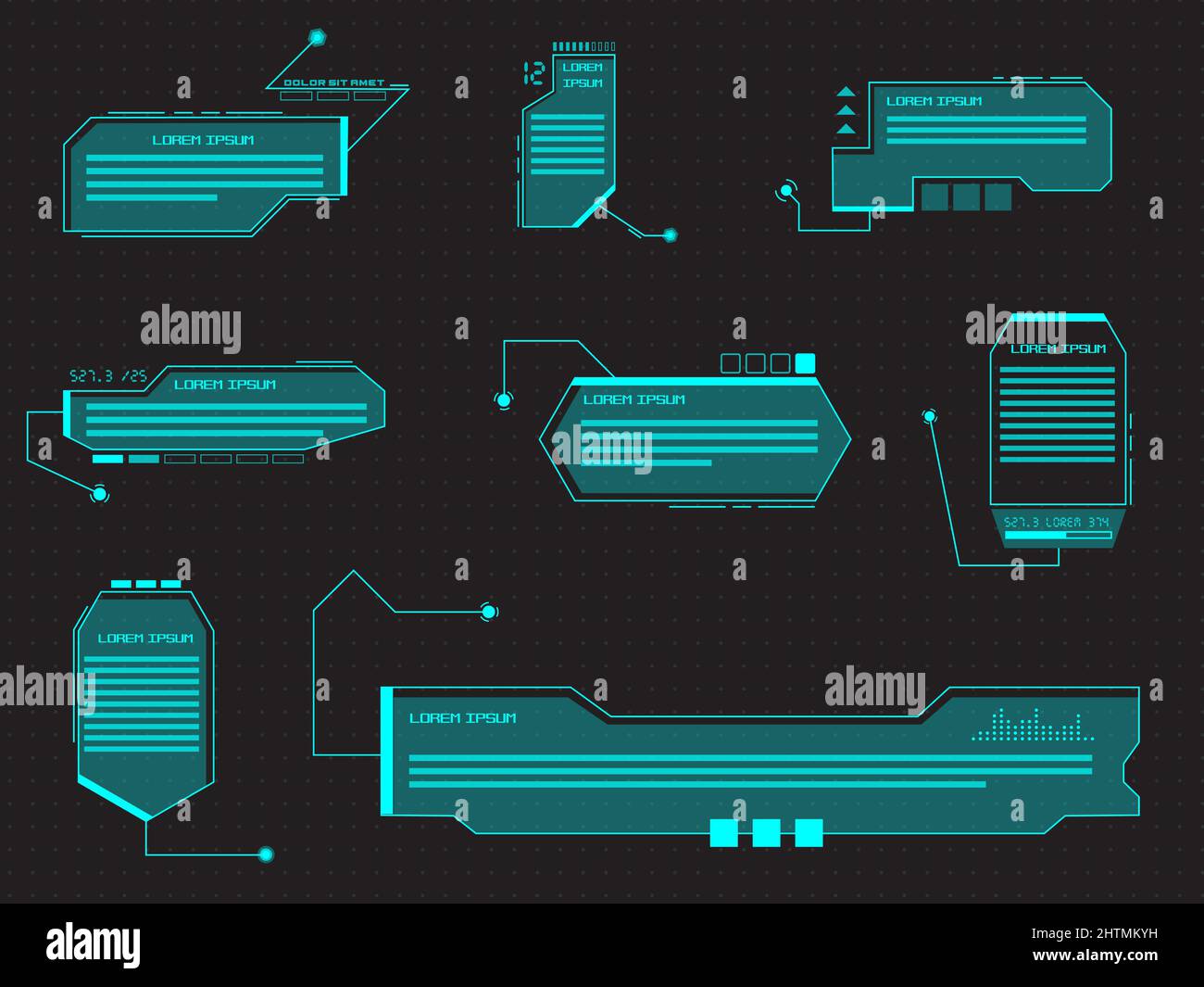Barres d'appel et titres de style HUD. Barres futuristes de boîte d'appel d'informations et modèles de disposition d'éléments d'interface modernes. HUD, INTERFACE UTILISATEUR, VECTEUR GUI Illustration de Vecteur