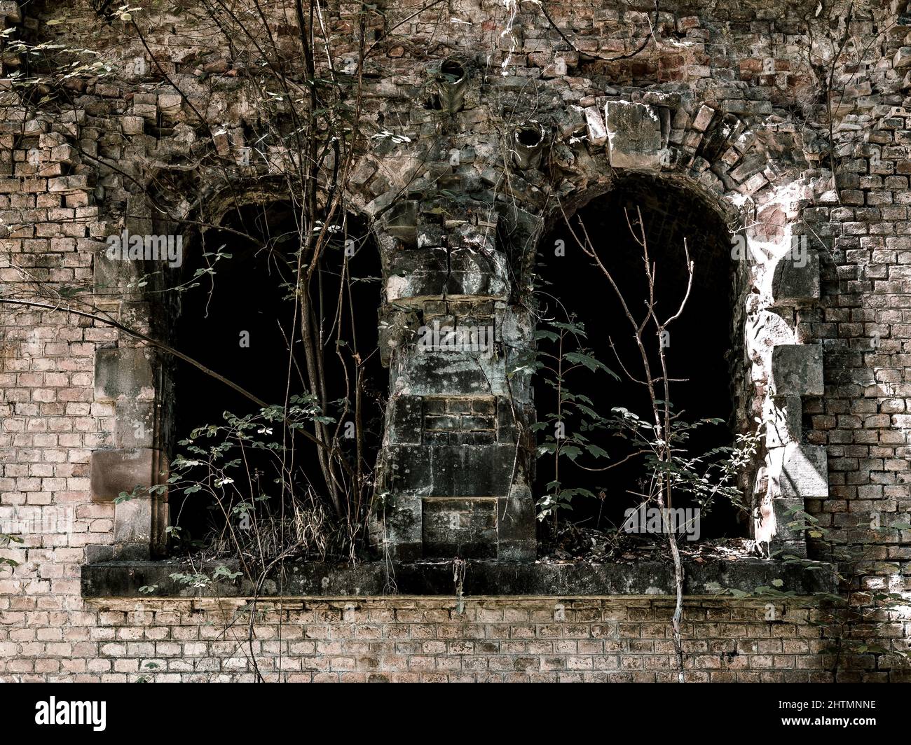 Vieux forts de la ligne défensive Maginot près de Strasbourg. Fortifications détruites et surcultivées en forêt. France Banque D'Images