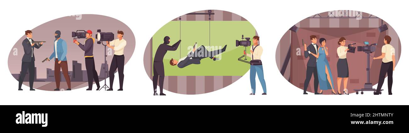 Arbre de production de film scènes isolées avec acteurs caméraman réalisateur stuntman personnages illustration vectorielle plate Illustration de Vecteur