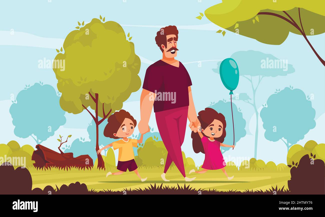 Composition de fille papa son avec décor de parc extérieur et personnages de dessin animé de père marchant avec des enfants illustration vectorielle Illustration de Vecteur