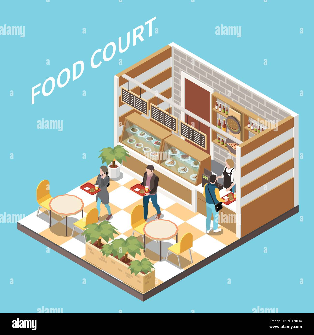 Vue isométrique – aire de restauration – clients qui paient des aliments au comptoir de caisse transportant des repas vers une table illustration vectorielle Illustration de Vecteur