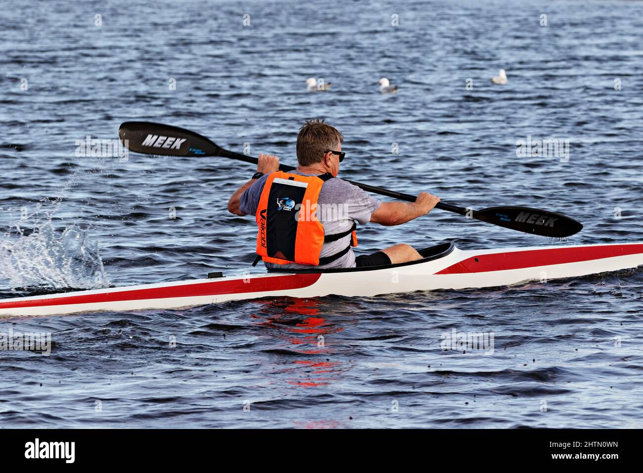 Ballarat Australie / Un kayakiste mâle s'exerçant pendant les restrictions de Covid 19 sur le lac Wendouree, Ballarat, Australie. Banque D'Images