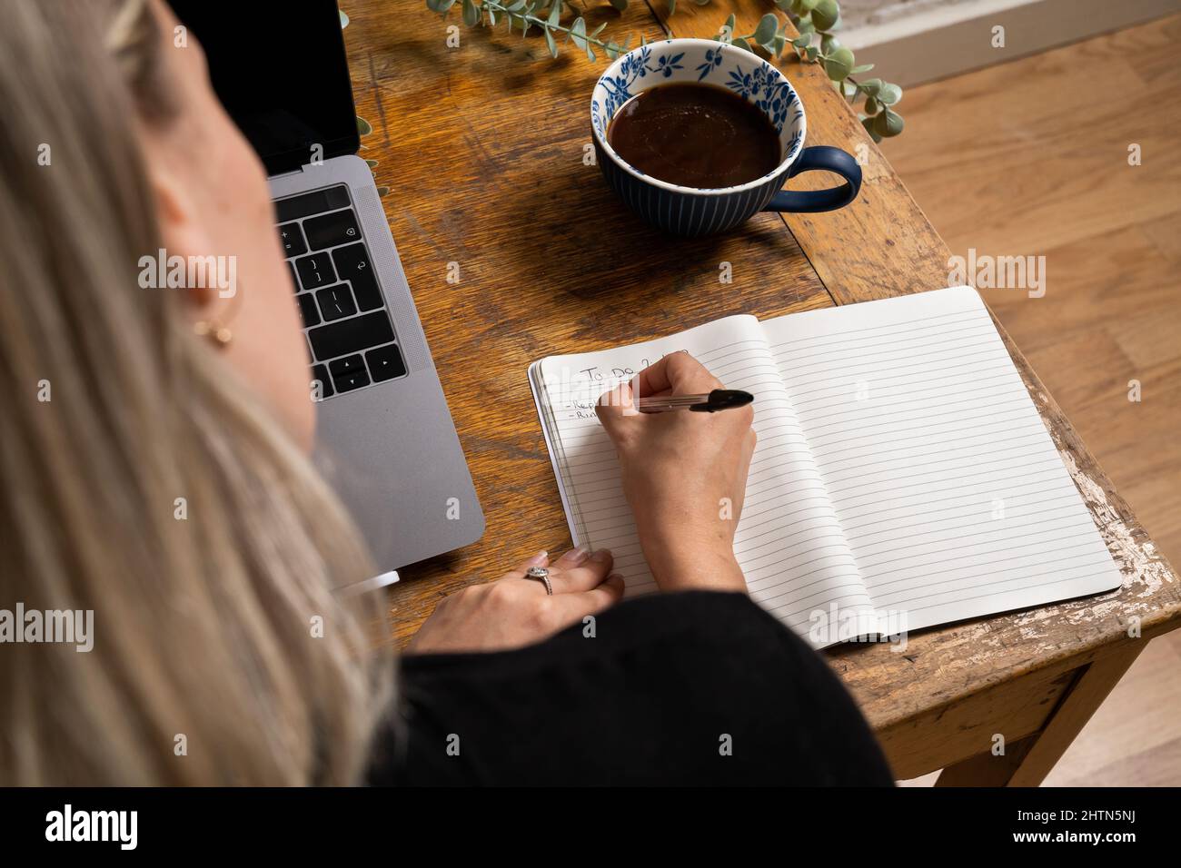 Gros plan de la liste des tâches de la femme dans le bloc-notes Banque D'Images Gros plan de la liste des tâches de la femme dans le bloc-notes Banque D'Images