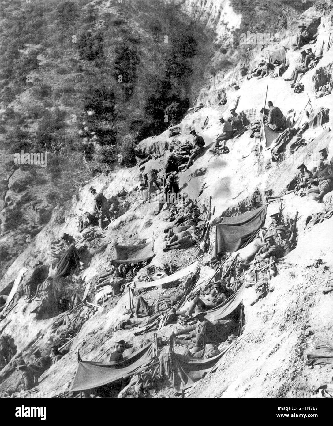Steele's Post, une position de l'ANZAC sur les falaises au-dessus de l'anse de l'ANZAC sur la péninsule de Gallipoli pendant les atterrissages de Gallipoli pendant la première Guerre mondiale. Photo de mai 1915. Banque D'Images
