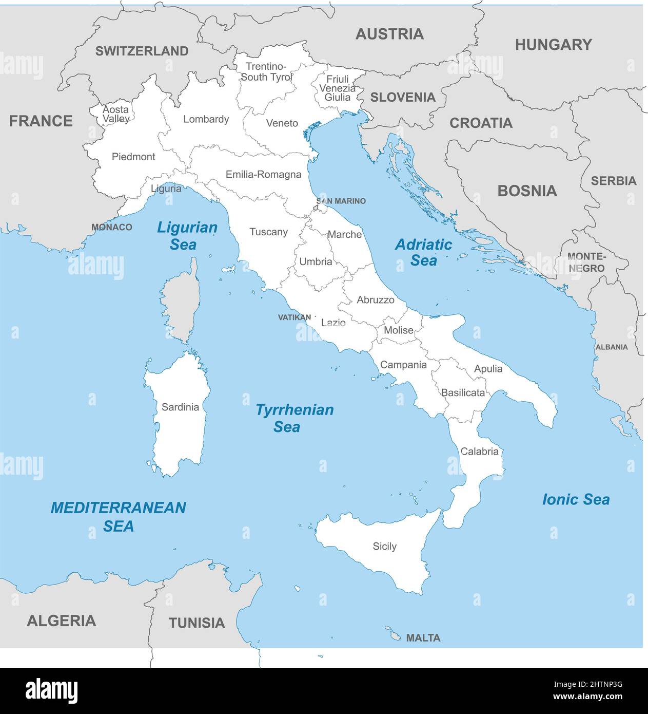 Carte politique de l'Italie avec frontières des régions et des pays