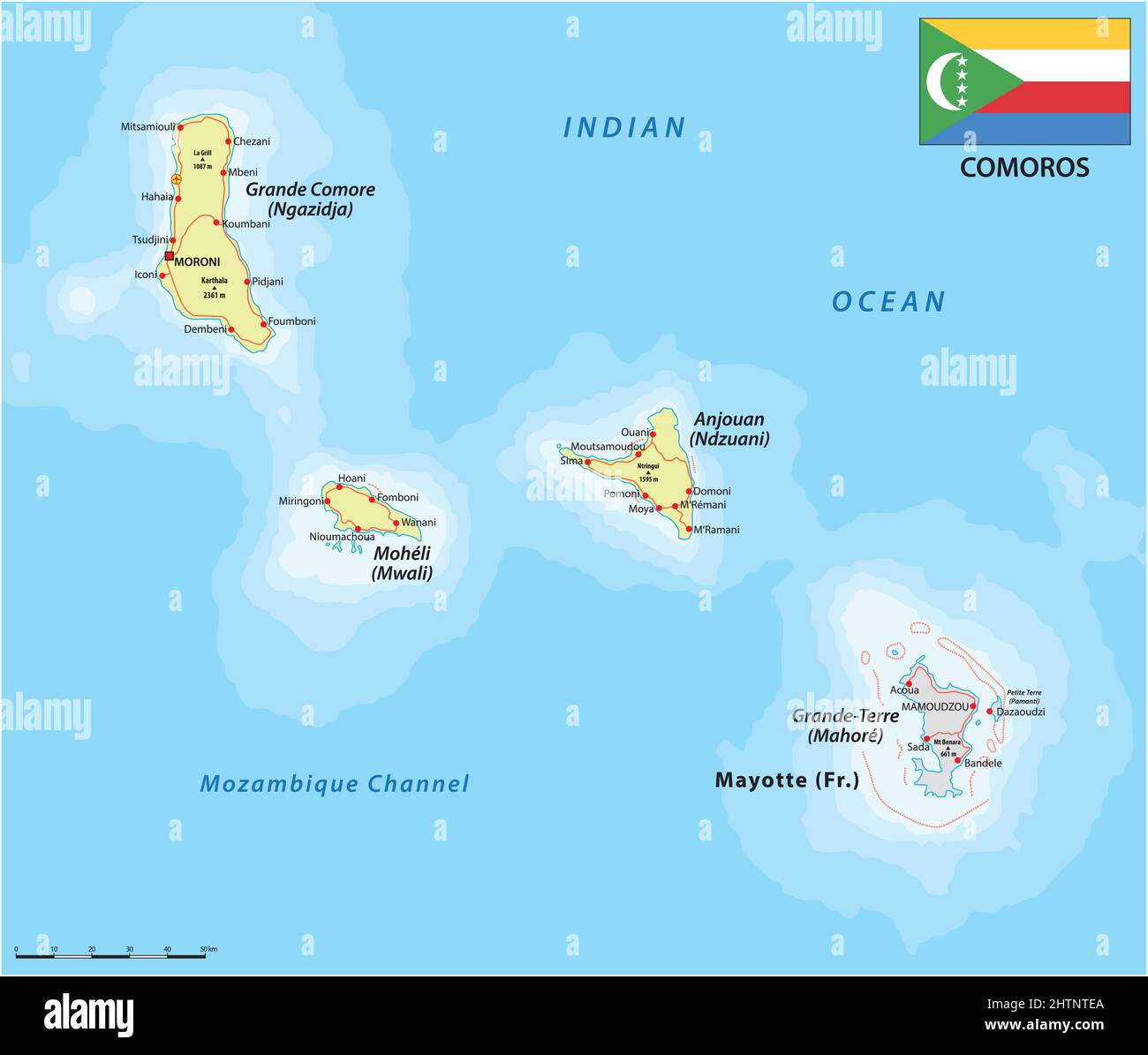 carte vectorielle du pays de l'île des comores avec drapeau Illustration de Vecteur