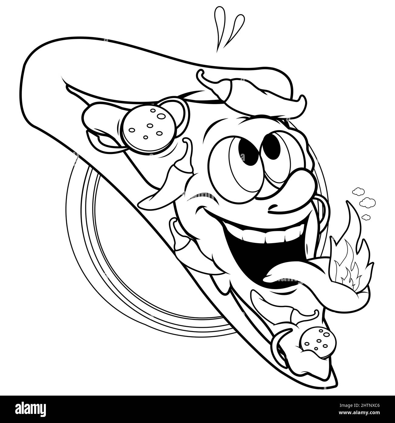 Personnage épicé de pizza chaude de dessin animé. Page de couleur noir et blanc Banque D'Images
