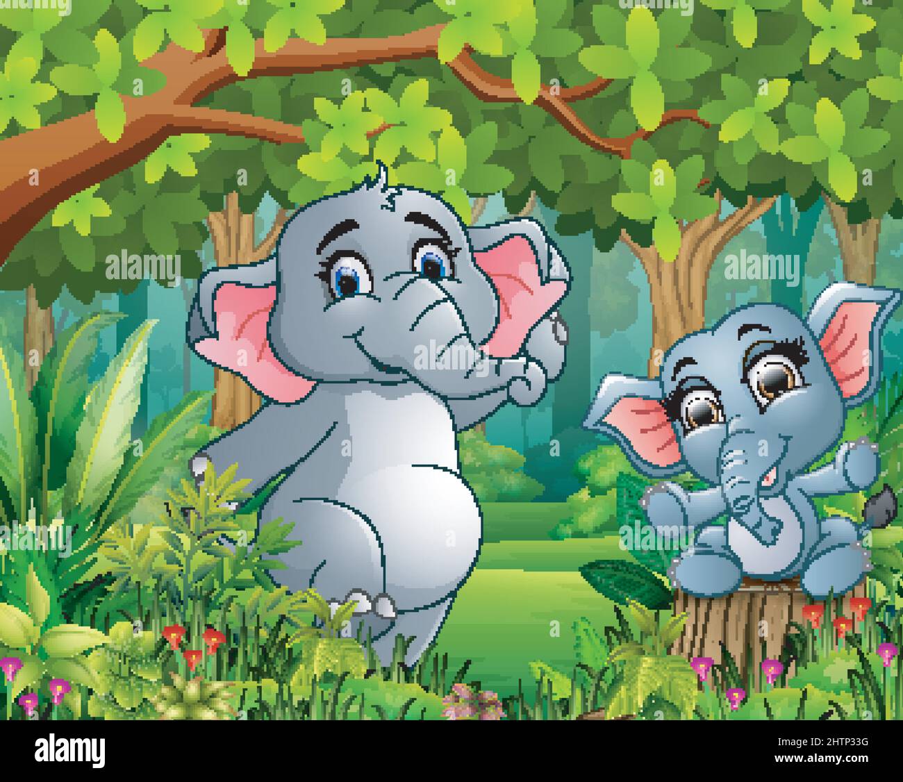 Dessin animé bébé et mère éléphant dans une belle nature Illustration de Vecteur