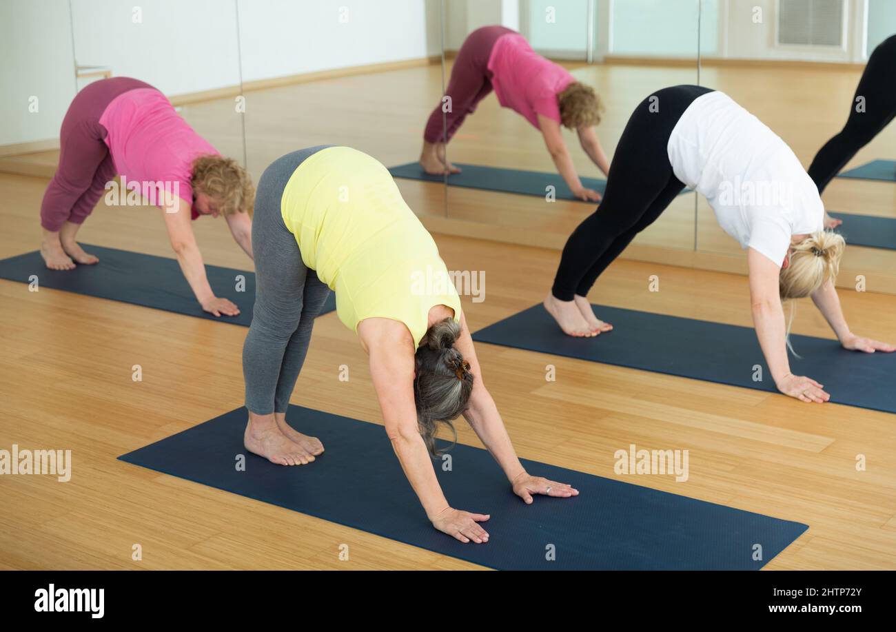 Concept de forme physique, de sport et de mode de vie sain - femme mature faisant du yoga chien orienté vers le bas pose sur le tapis Banque D'Images