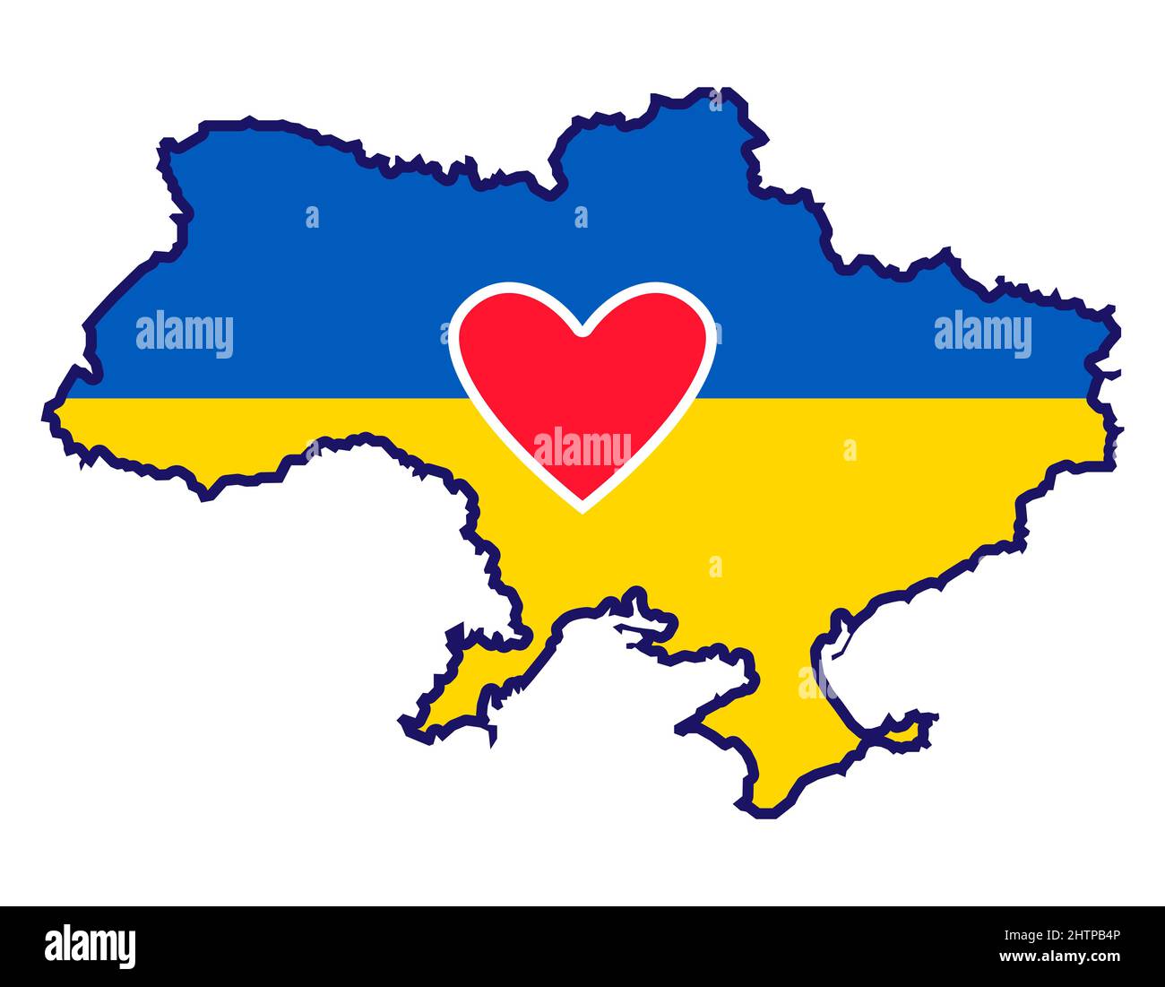 Carte de l'Ukraine avec drapeau national et coeur rouge. Silhouette de pays. Illustration vectorielle pleine couleur Illustration de Vecteur