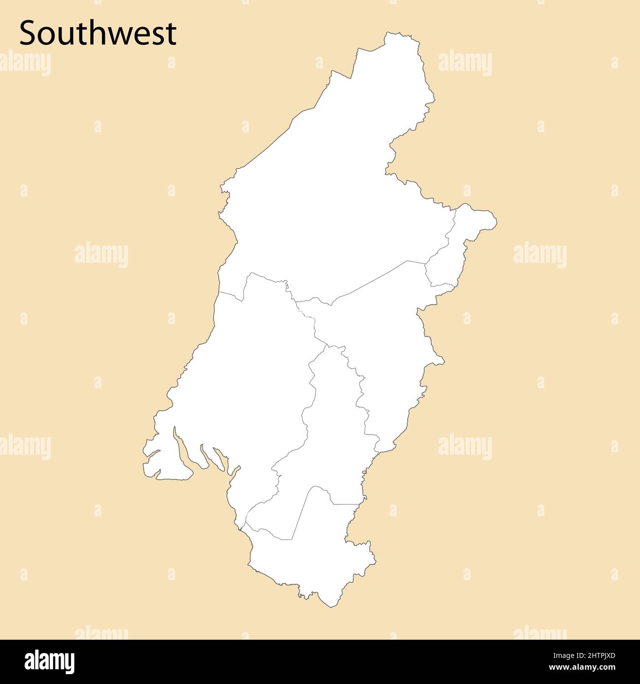 Carte de haute qualité de la région du Sud-Ouest est une province du Cameroun, avec les frontières des districts Illustration de Vecteur