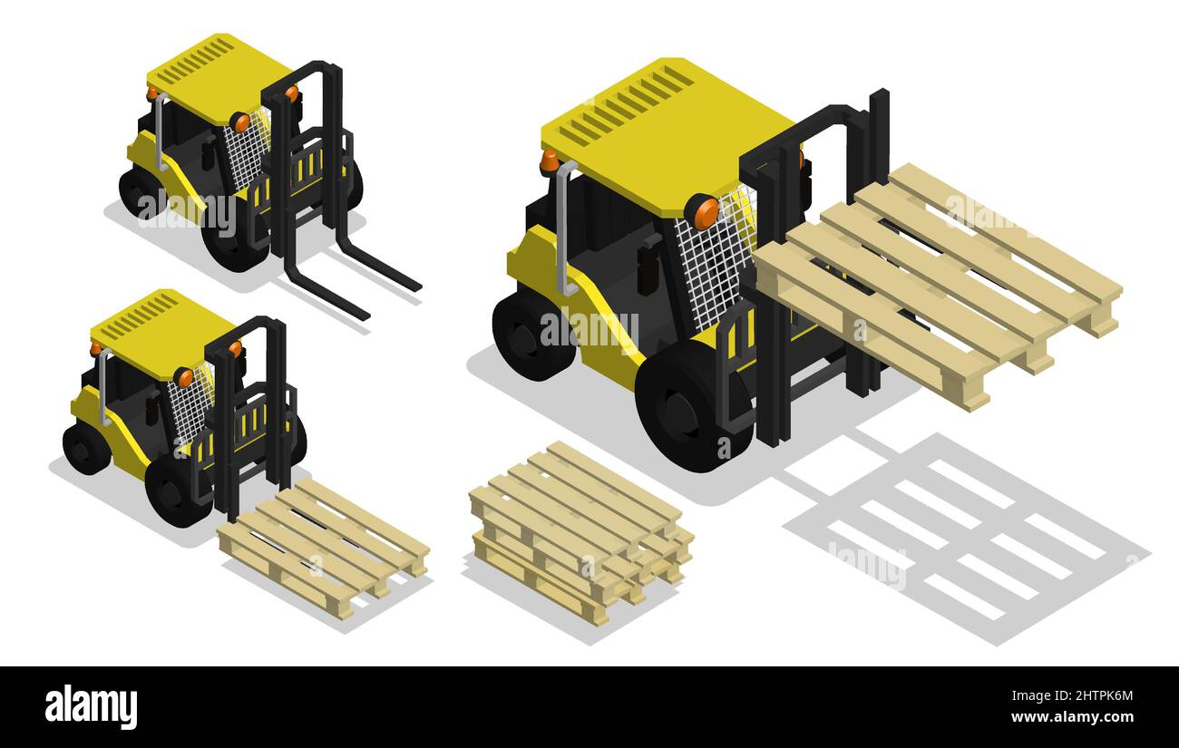 Chariot élévateur isométrique pour déplacer les marchandises dans l'entrepôt. Transport pour le déchargement et le transport de caisses lourdes. Vecteur réaliste 3D isolé sur bac blanc Illustration de Vecteur