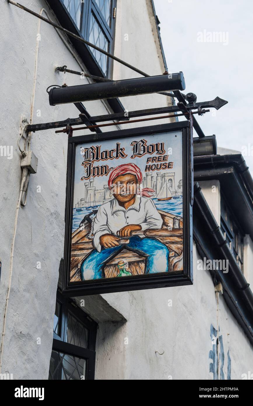 Panneau Black Boy Inn, Caernarfon, Gwynedd, pays de Galles, Royaume-Uni Banque D'Images